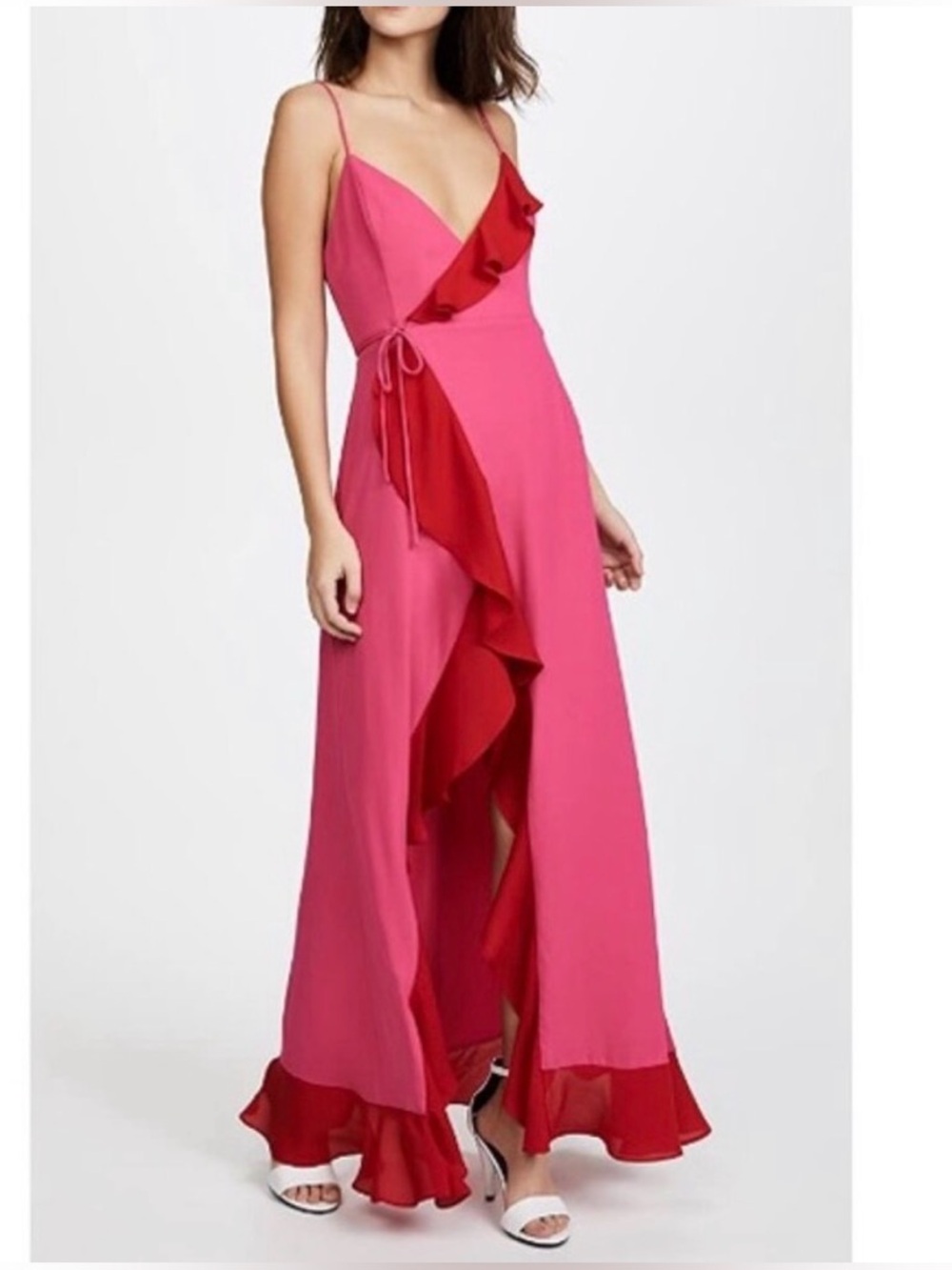 Pink Ruffle-Wrap Maxi Dress